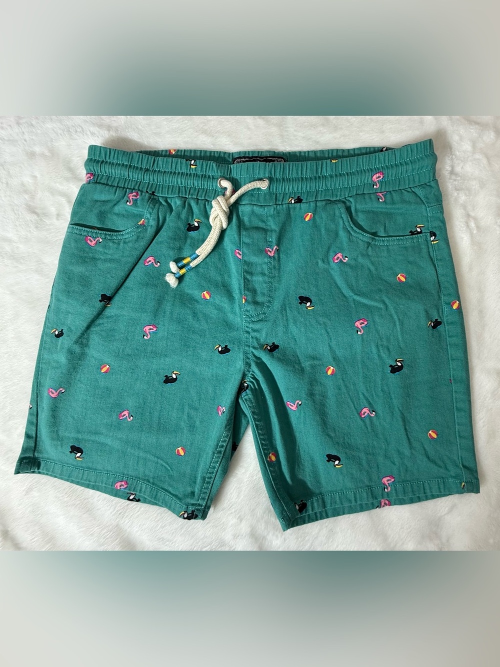 NWOT Raw Yarn Industries Green Flamingo & Toucan Stretch Twill Shorts Size Large